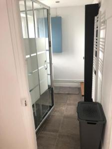 a bathroom with a glass shower and a trash can at Gîte le long rocher in Veneux-les-Sablons +12 photos