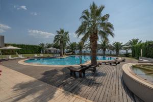 a swimming pool with benches and a palm tree at Empyrean Villa in Kalyves Poligirou