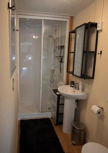 La salle de bains est pourvue d'une douche et d'un lavabo. dans l'établissement Chalet 205, à Laag-Soeren