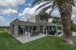 a house with a palm tree in the yard at Empyrean Villa in Kalyves Poligirou