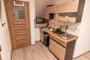 a small kitchen with wooden cabinets and a sink at Búda u Kramářů - penzion Robin in Mutěnice +17 photos