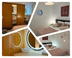 a collage of four pictures of a bedroom with two beds at Cozy atmosphere near Eurexpo and Groupama Stadium, 4 personnes in Saint-Priest