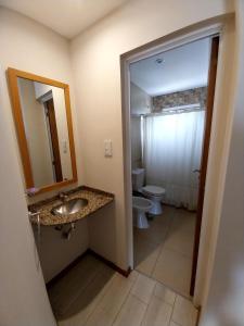 een badkamer met een toilet, een wastafel en een spiegel bij Dpto. zona sur - Ubicación ideal in Santa Fe