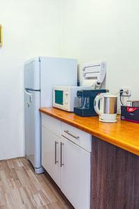 uma cozinha com um balcão e um frigorífico em Helle Wohnung nähe Highline 179 