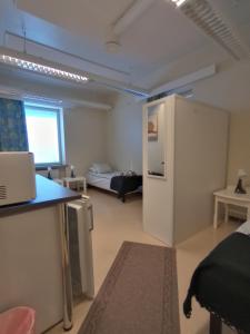 een kamer met een keuken en een woonkamer bij Hotelli Posti in Äänekoski