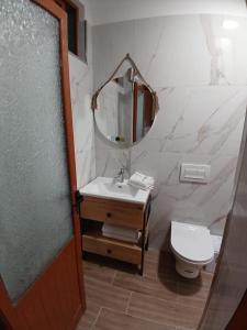 een badkamer met een wastafel, een toilet en een spiegel bij Albora Guest House in Fier