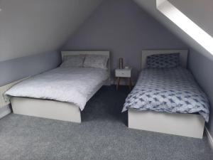 two twin beds in a room with a attic at Cushendall Cottage, Moneyvart in Cushendall
