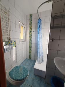 a bathroom with a shower and a toilet and a sink at Pokoje Babie Lato in Wrocław