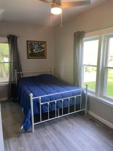 1 Schlafzimmer mit einem Bett mit blauer Decke und 2 Fenstern in der Unterkunft Modern Downtown Gem - Close to Beach - Yard - Pkg! in Port Austin