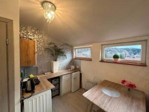 a small kitchen with a table and a counter top at Ropienka ski micro in Ropienka