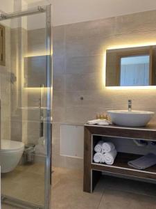 La salle de bains est pourvue d'un lavabo, de toilettes et d'une douche. dans l'établissement Melydron Apartments, à Prévéza