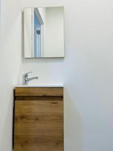 a bathroom with a sink and a mirror on a wall at Immeuble au cœur de Bruxelles : Vivez l'Expérience Unique de la Rue Verbist in Brussels