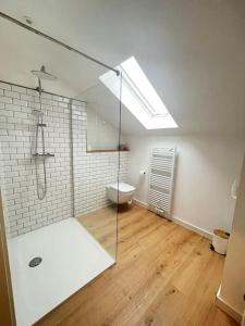 a bathroom with a glass shower and a toilet at Ferienwohnung im Grünen in Neustadt bei Coburg
