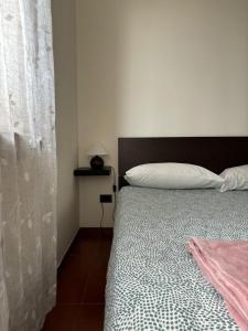 een slaapkamer met een bed met een wit kussen en een raam bij La casa di Jacopo a Fiumicino in Maccarese