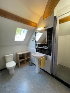 La salle de bains est pourvue de toilettes, d'un lavabo et d'une douche. dans l'établissement l'Ancienne Ecole du Villard, à Saint-Pierre-dʼEntremont