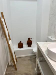 dos jarrones sentados en un estante en un baño en Casa da Xica, en Torrão