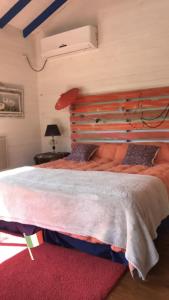 a bedroom with a large bed with a wooden headboard at Itaca delta cabañas in Tigre