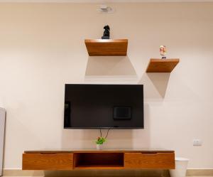 a flat screen tv on a wall with shelves at Marron 3b in Cairo