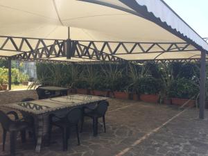 un patio con tavolo e sedie sotto una tenda. di Società Agricola MG Florplant a Francavilla Marittima