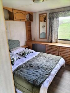 a bedroom with a bed and a desk and a window at tiny house in Saint-Vallier