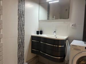 a bathroom with a sink and a washing machine at A few steps from BASEL with Balcony and free parking in Saint-Louis