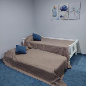 1 dormitorio con 2 camas y almohadas azules en Departamento Falucho en Santa Rosa