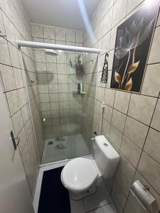 La petite salle de bains est pourvue d'une douche et de toilettes. dans l'établissement Aero-Quarto Aconchegante, à Bayeux