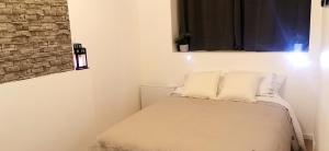 Habitación pequeña con 1 cama con 2 almohadas en Reims Appart - Idéal pour Pro en déplacement *Wifi rapide *Vue panoramique *Parking facile, en Roubaix