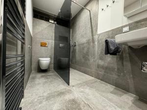 a bathroom with a toilet and a sink at Barockstadt-Apartment Rastatt in Rastatt