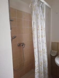 eine Dusche mit Duschvorhang im Bad in der Unterkunft VAL GRANDE APARTMENT in Miazzina