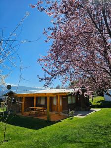 une maison avec une table de pique-nique devant elle dans l'établissement La Yaya - Villa Turismo, à El Bolsón