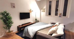 Una televisión o centro de entretenimiento en Reims Appart - Idéal pour Pro en déplacement *Wifi rapide *Vue panoramique *Parking facile