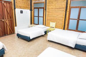 two beds in a room with windows at Eco Hotel La Aurora Cabañas in Calarcá