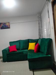 um sofá verde com quatro almofadas coloridas em Tranquil 2 homes em Nanyuki