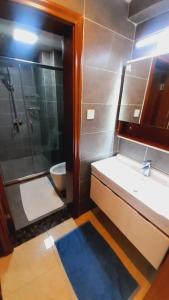 a bathroom with a shower and a sink and a toilet at Enzi heights in Nairobi