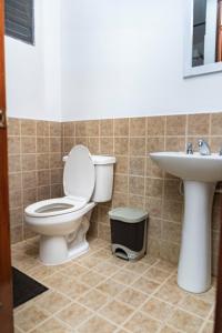 a bathroom with a toilet and a sink at Eco Hotel La Aurora Cabañas in Calarcá