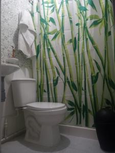 a bathroom with a toilet and a bamboo shower curtain at House Beautiful Horizon P1 in Bogotá