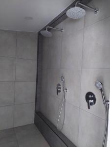 a shower in a bathroom with two shower heads at VILLA DANUTA- WISELKA, direct at National Park, big garden, 4 bedrooms, private SAUNA in Wisełka