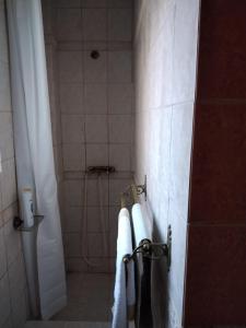 a bathroom with three towels hanging on a wall at Peaceful oasis in Athens +25 photos