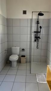 a white bathroom with a toilet and a shower at Kaia Beach House Boa Vista Front Sea View Apartments in Sal Rei