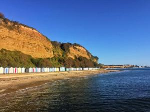 a beach with beach huts next to a cliff at Fernhurst holiday apartments in Shanklin