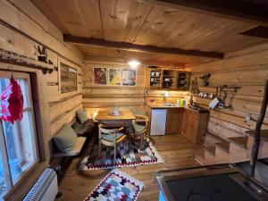 widok na salon i kuchnię w drewnianym domku w obiekcie DZIUPLA - Berghaus in der Tatra mit Holzsauna w mieście Brzegi
