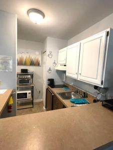 a kitchen with white cabinets and a sink at Deluxe Mountain Fox Suite Jiminy Peak - Ski On Off - Fully Redone Decor in Hancock