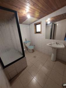 a bathroom with a toilet and a sink and a shower at Grandes cabañas in Pucón