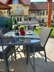 a blue table and chairs in a yard at Casa Nicolae in Silvaşu de Sus