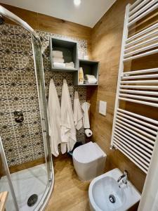 een badkamer met een douche, een toilet en een wastafel bij Casa vacanza La Genziana in Roccaraso