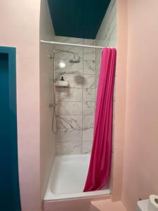 ein Bad mit einer Dusche und einem rosa Duschvorhang in der Unterkunft The Pink Blue in Lüttich