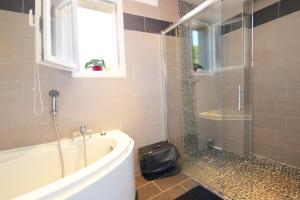 une salle de bain avec baignoire et douche en verre dans l'établissement VILLA THETIS 4 pièces, à Antibes