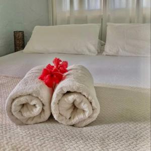 ein Bett mit zwei Handtüchern darüber in der Unterkunft Casa Drago in Boca del Drago