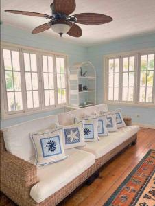 a living room with a couch and a ceiling fan at Casa Drago in Boca del Drago